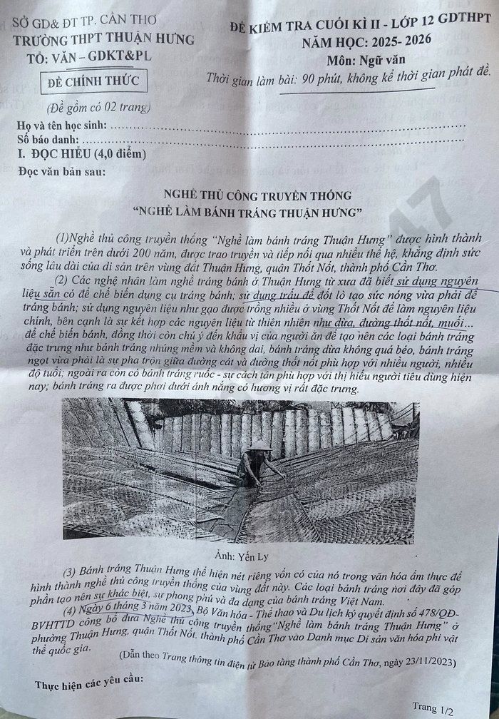 De thi cuoi ki 2 lop 12 mon Van 2026 - THPT Thuan Hung