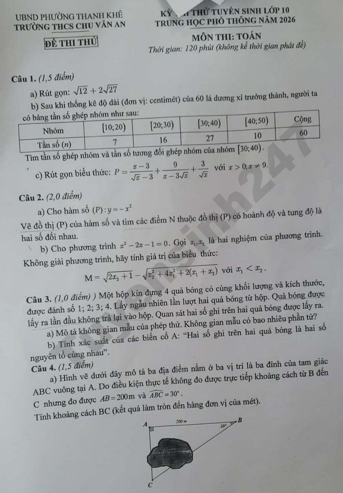 De thi thu vao lop 10 mon Toan - THCS Chu Van An 2026