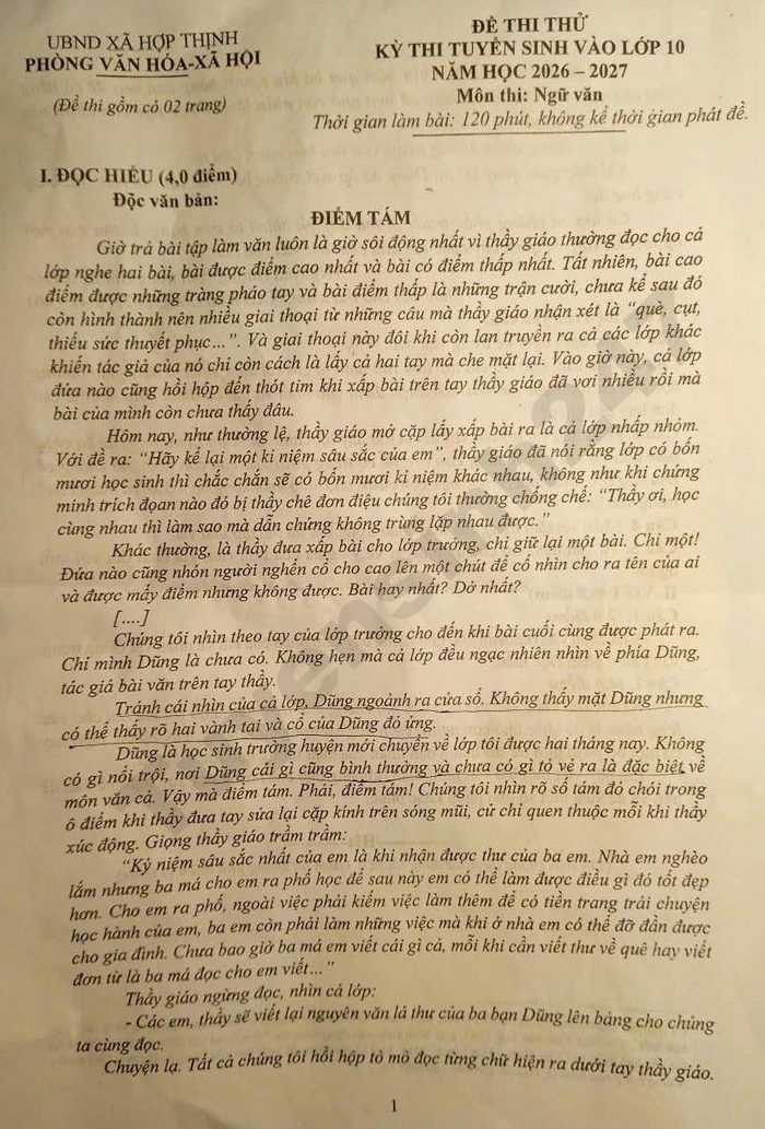 De thi thu vao lop 10 mon Van 2026 - xa Hop Thinh