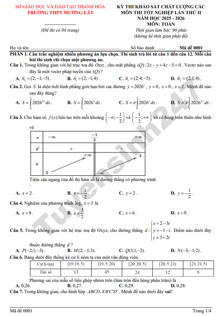De thi thu tot nghiep THPT mon Toan 2026 - THPT Muong Lat (lan 2)