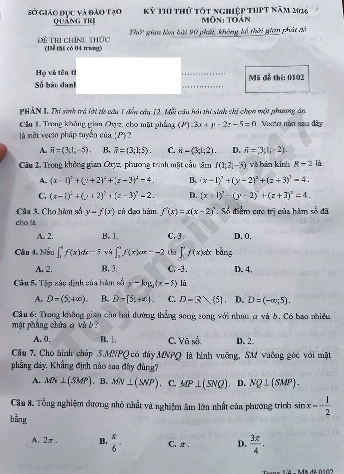 De thi thu tot nghiep THPT 2026 mon Toan - So GD Quang Tri
