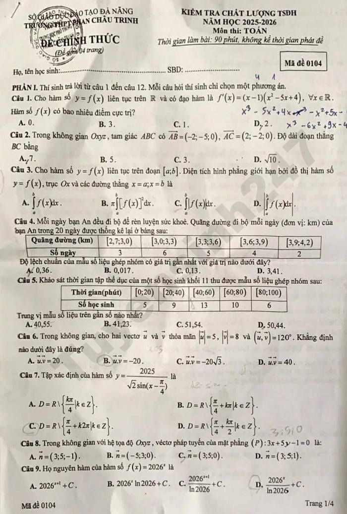 De thi thu TN THPT mon Toan 2026 - THPT Phan Chau Trinh