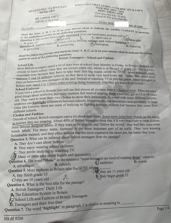De thi cuoi ki 2 lop 9 mon Anh 2026 - So GD Hung Yen