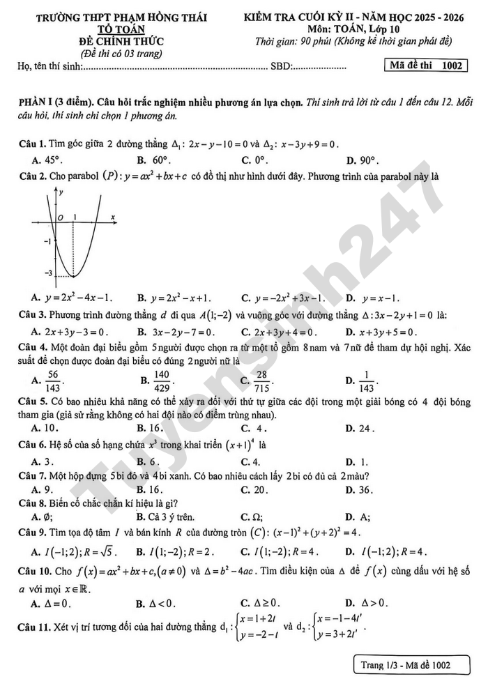 De thi hoc ki 2 lop 10 mon Toan 2026 - THPT Pham Hong Thai