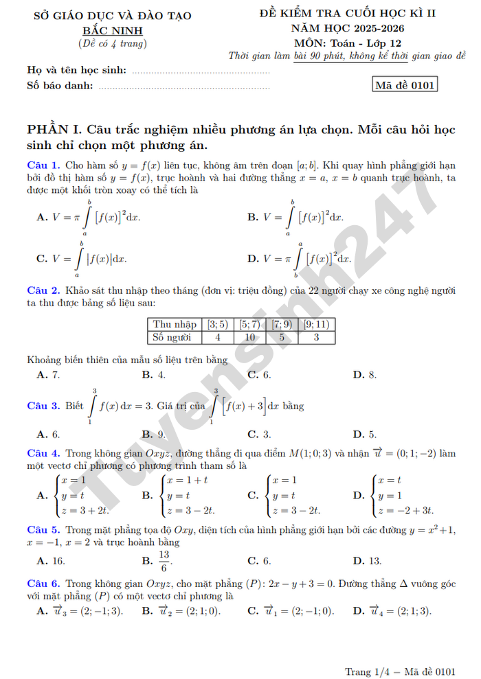 De thi hoc ki 2 lop 12 mon Toan - So GD Bac Ninh 2026