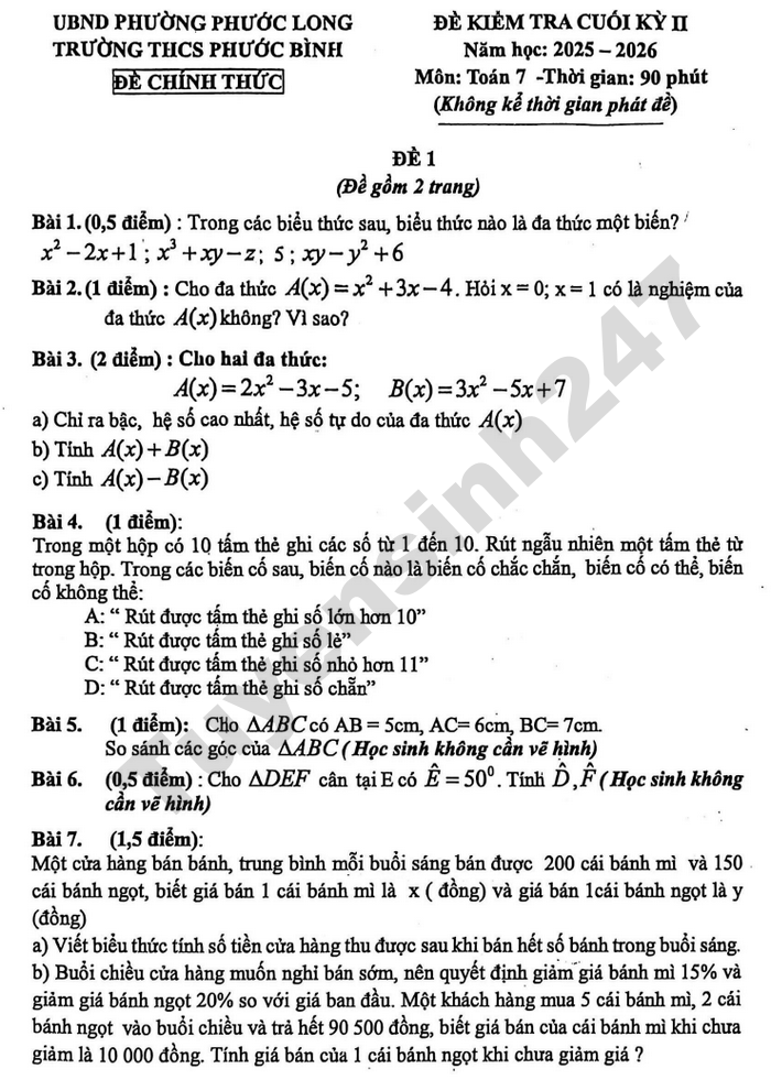 De thi hoc ki 2 nam 2026 mon Toan 7 - THCS Phuoc Binh