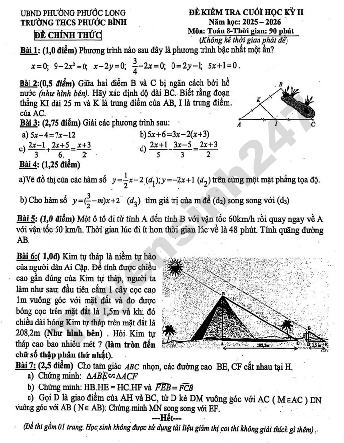 De thi cuoi ki 2 mon Toan lop 8 THCS Phuoc Binh 2026