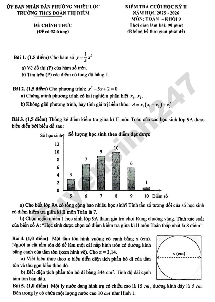 De thi hoc ki 2 mon Toan 9 THCS Doan Thi Diem 2026