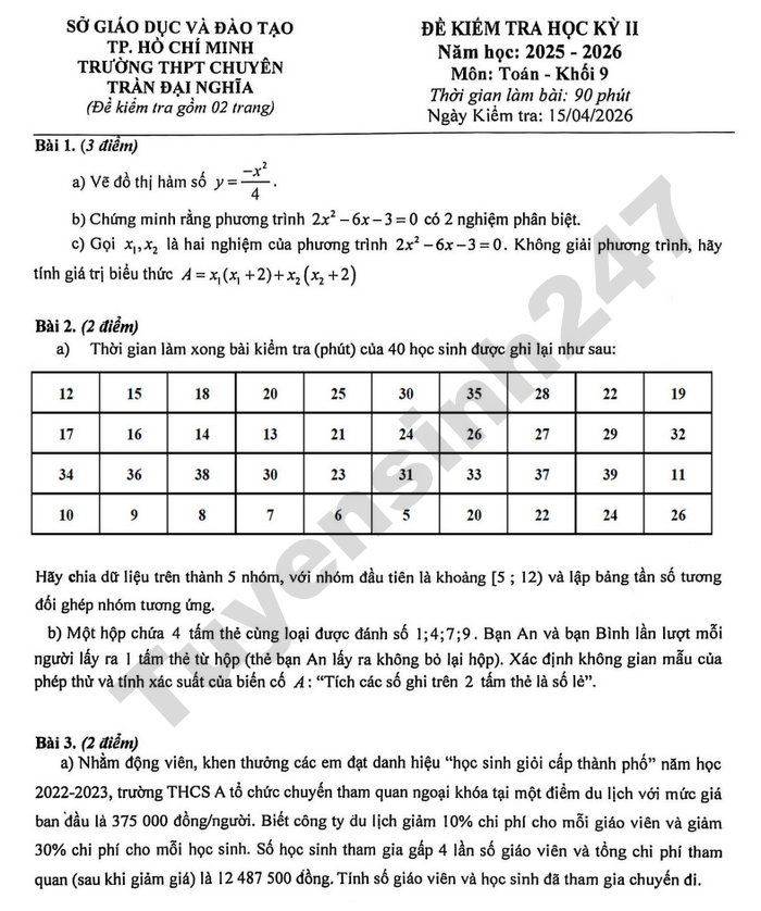 De thi hoc ki 2 mon Toan lop 9 THPT Chuyen Tran Dai Nghia 2026
