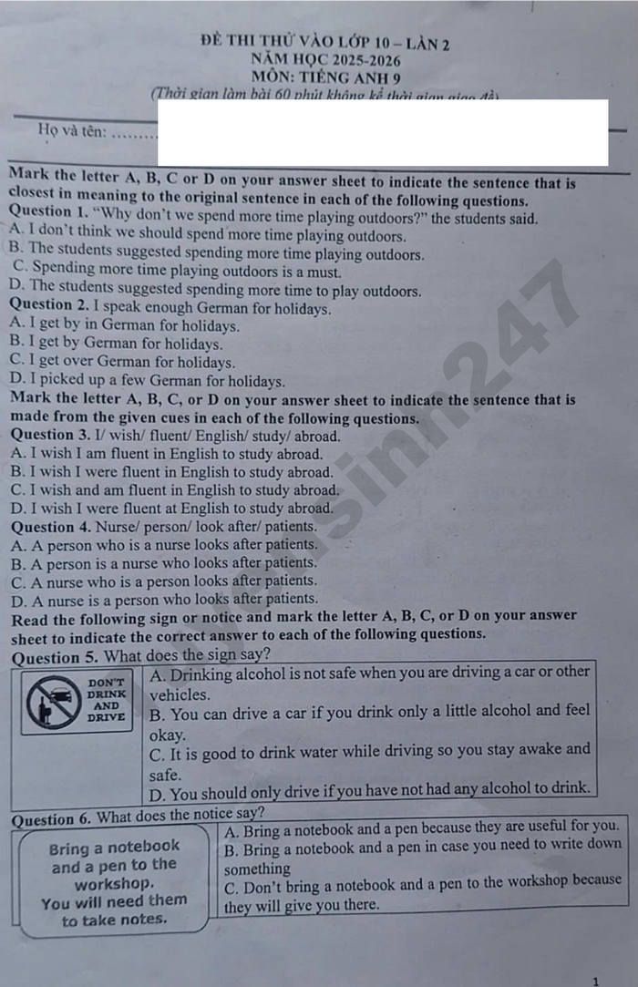 De thi thu vao lop 10 mon Anh 2026 - xa Van Dinh (lan 2)