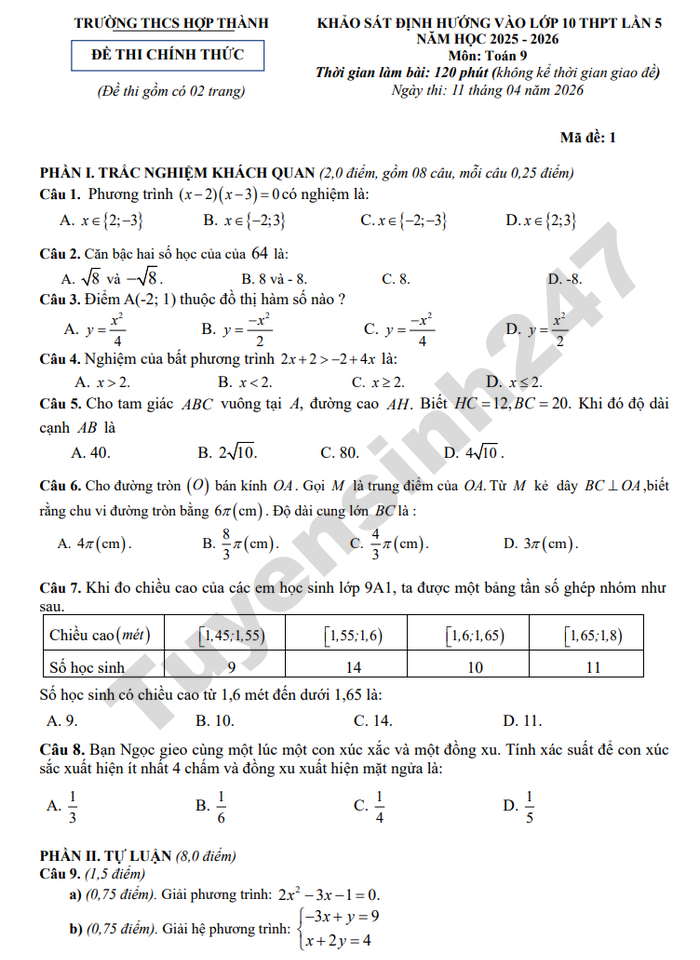 De thi thu vao lop 10 nam 2026 mon Toan - THCS Hop Thanh lan 5