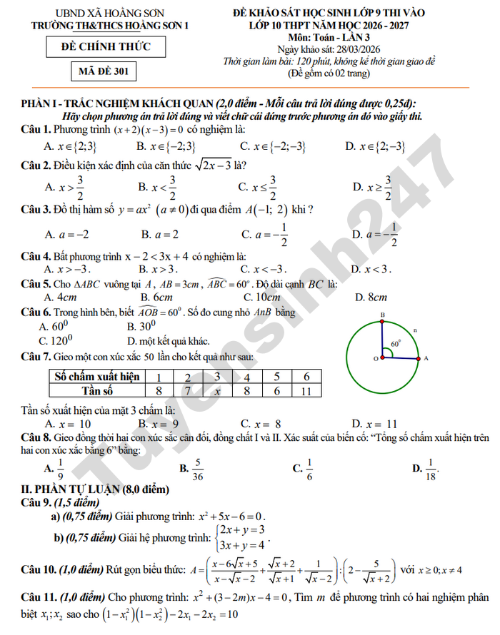 De thi thu vao lop 10 mon Toan 2026 - TH&THCS Hoang Son 1 (lan 3)