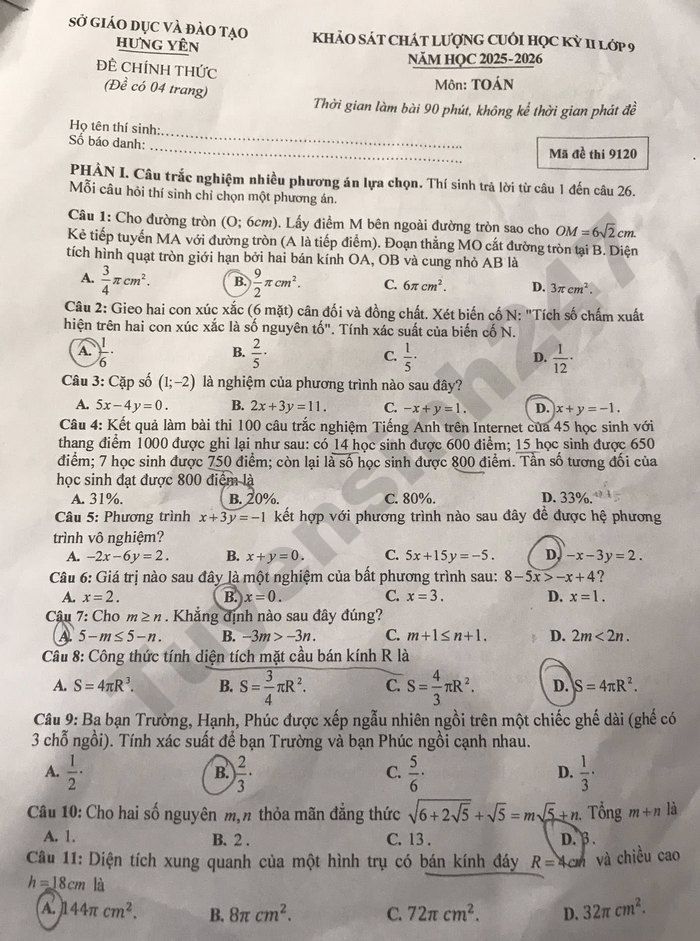 De thi hoc ki 2 nam 2026 So GD Hung Yen - mon Toan lop 9