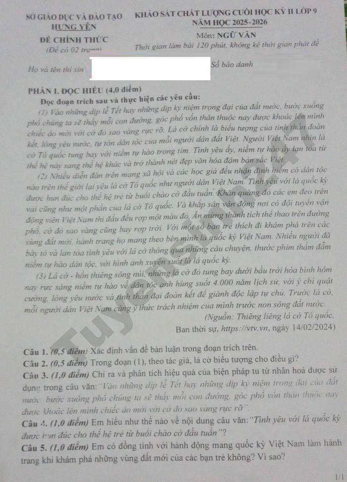 De thi hoc ki 2 lop 9 mon Van 2026 - So GD Hung Yen