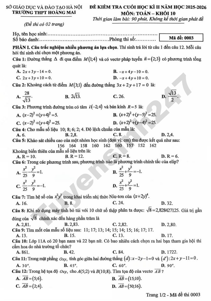De thi hoc ki 2 lop 10 mon Toan 2026 - THPT Hoang Mai