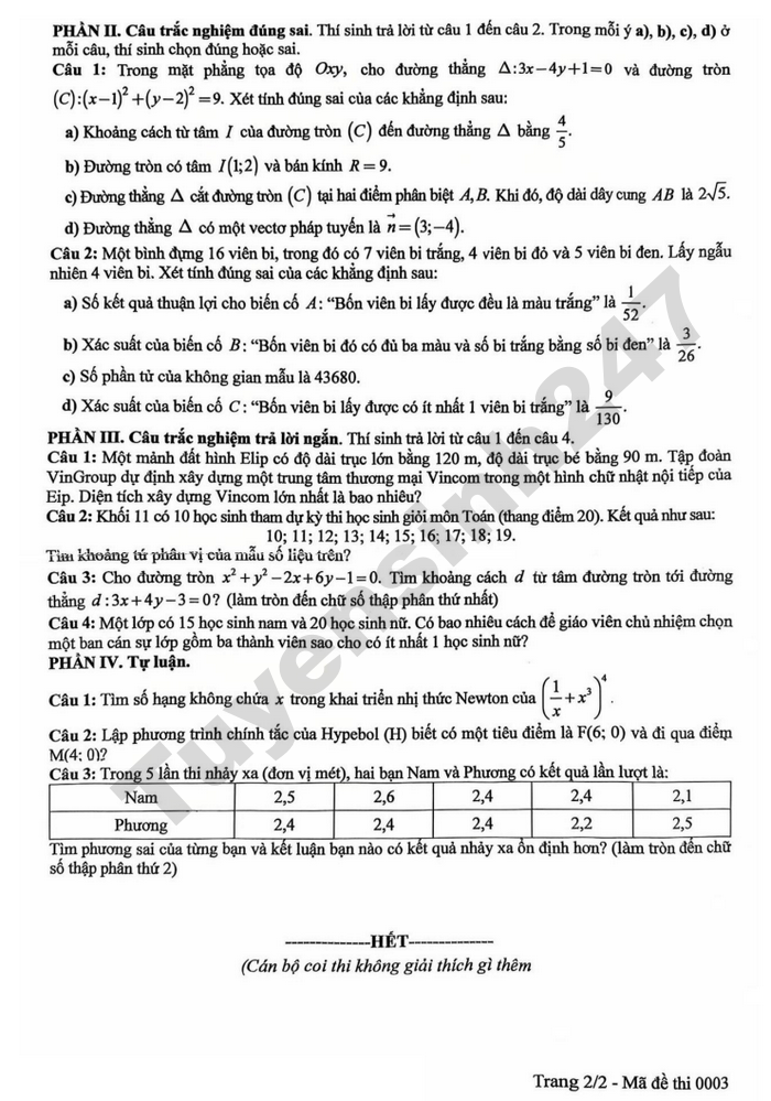 De thi hoc ki 2 lop 10 mon Toan 2026 - THPT Hoang Mai