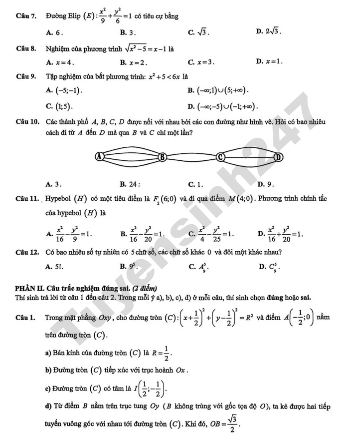 De thi hoc ki 2 nam 2026 THPT Viet Duc - lop 10 mon Toan