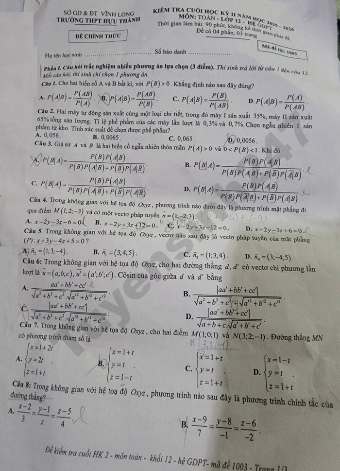 De thi cuoi ki 2 mon Toan lop 12 THPT Huu Thanh 2026