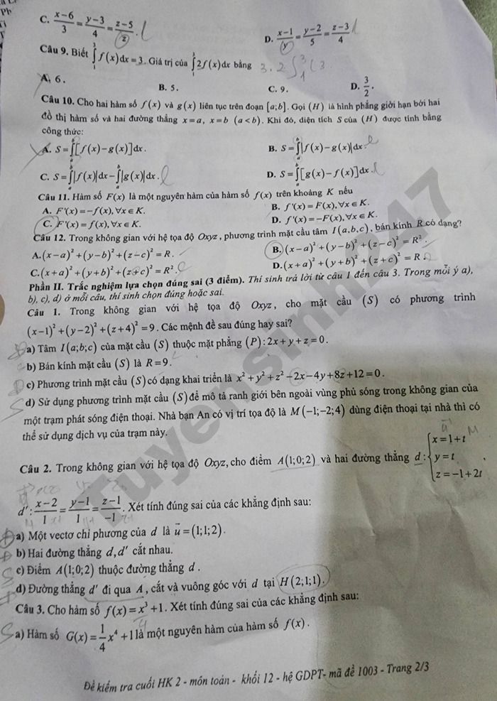 De thi cuoi ki 2 mon Toan lop 12 THPT Huu Thanh 2026