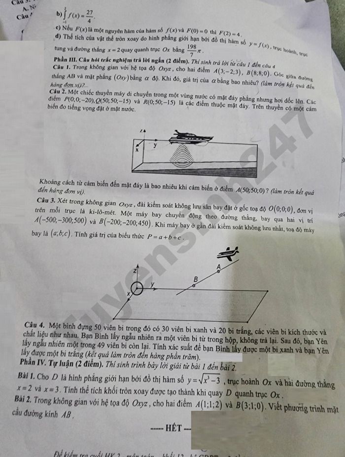 De thi cuoi ki 2 mon Toan lop 12 THPT Huu Thanh 2026