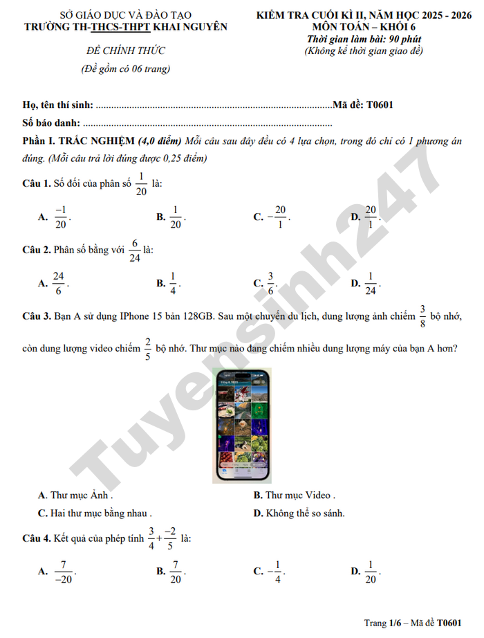 De thi cuoi ki 2 nam 2026 mon Toan lop 6 - TH-THCS-THPT Khai Nguyen