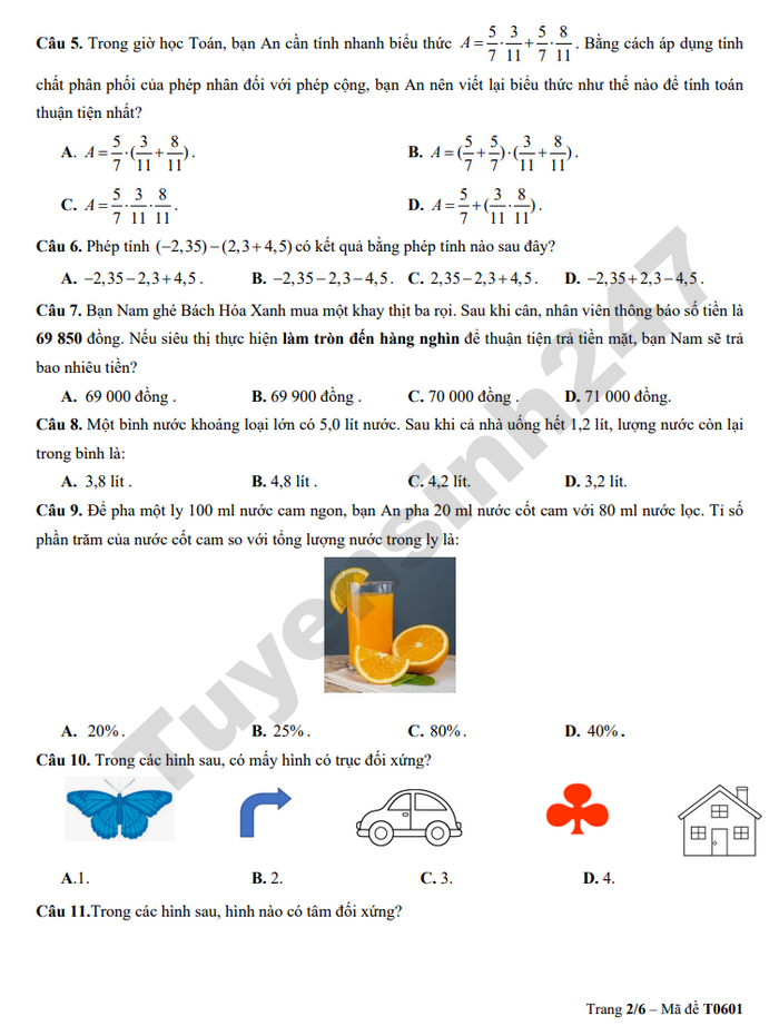 De thi cuoi ki 2 nam 2026 mon Toan lop 6 - TH-THCS-THPT Khai Nguyen