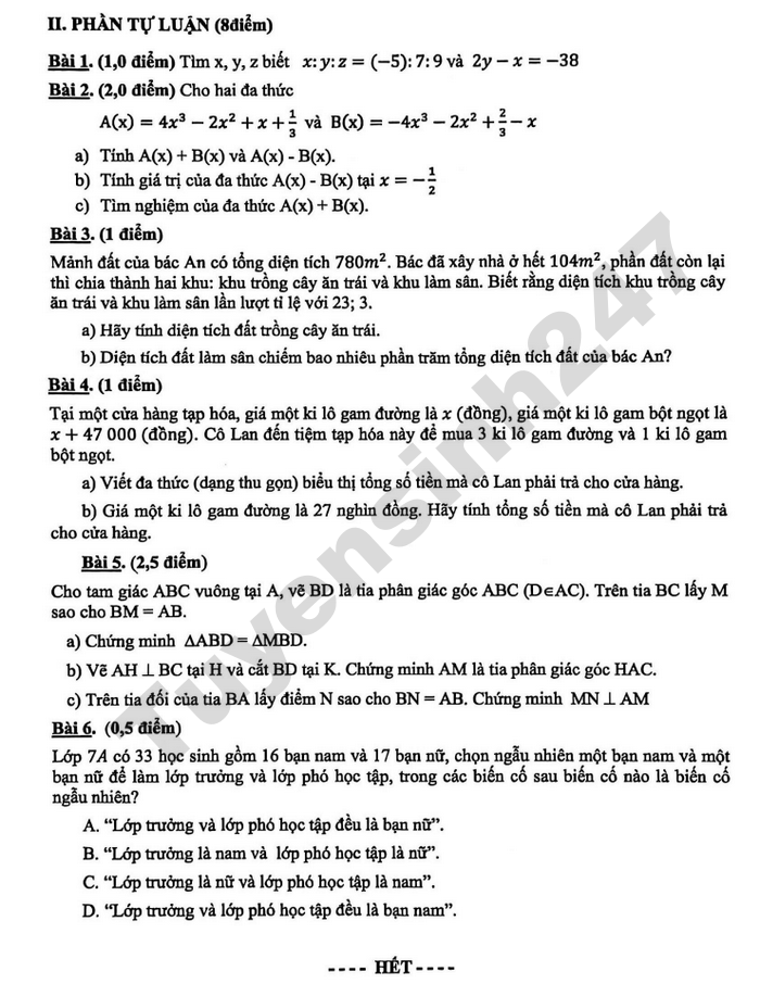 De thi cuoi ki 2 mon Toan lop 7 THCS Hoa Lu 2026