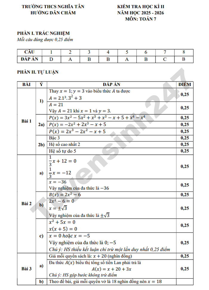 De thi hoc ki 2 mon Toan 7 THCS Nghia Tan 2026 - Co dap an