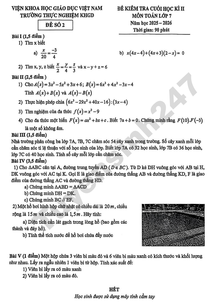 De thi hoc ki 2 lop 7 mon Toan 2026 - Truong Thuc nghiem KHGD