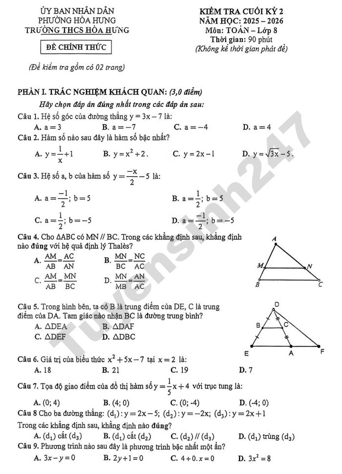 De thi ki 2 mon Toan lop 8 THCS Hoa Hung nam 2026