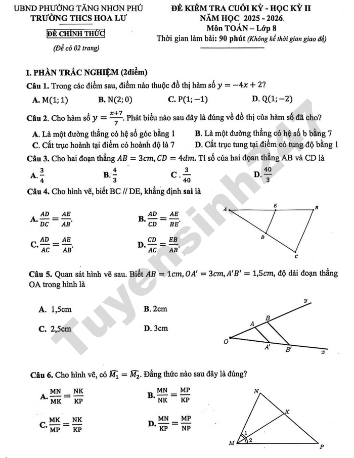 De thi hoc ki 2 lop 8 mon Toan 2026 - THCS Hoa Lu