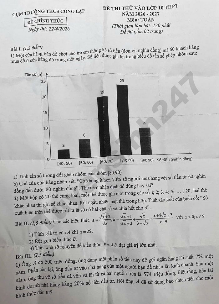 De thi thu vao lop 10 mon Toan 2026 - Cum truong THCS cong lap