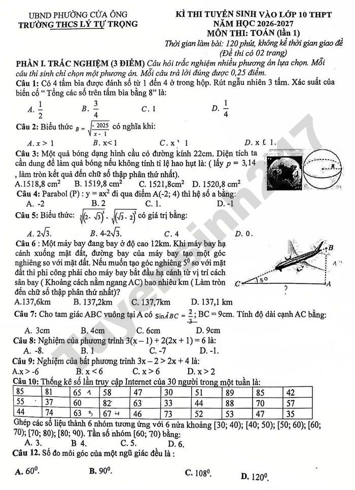 De thi thu vao lop 10 mon Toan 2026 - THCS Ly Tu Trong lan 1