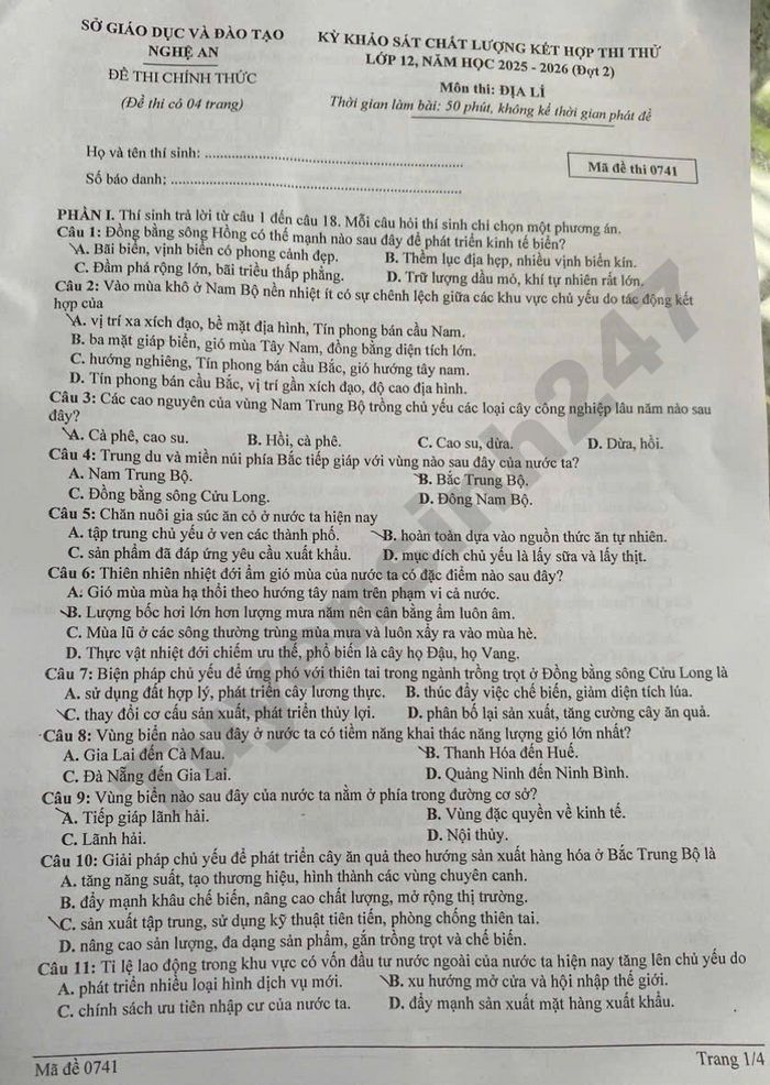 De thi thu tot nghiep THPT 2026 dot 2 mon Dia - So GD Nghe An