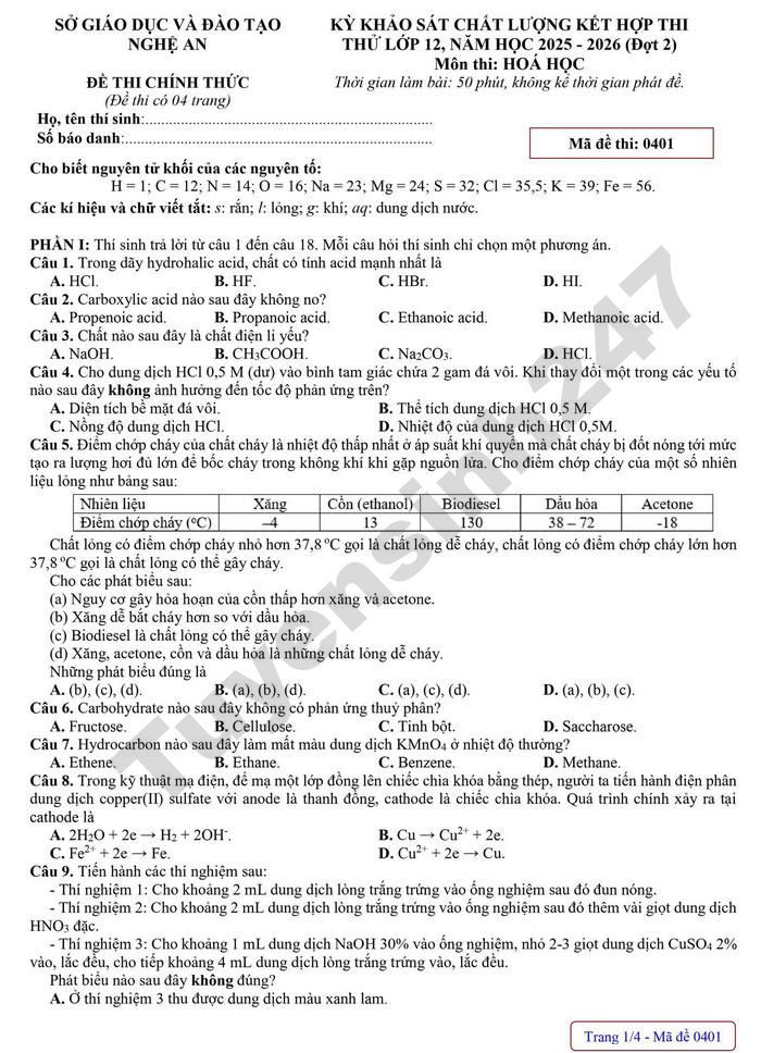 De thi thu mon Hoa tot nghiep THPT 2026 - So GD Nghe An dot 2