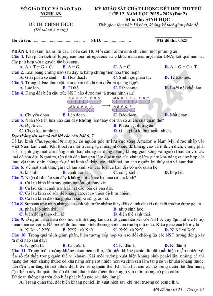 De thi thu TN THPT 2026 mon Sinh (dot 2) - So GD Nghe An