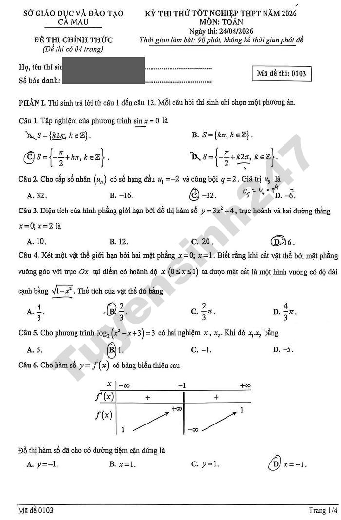De thi thu tot nghiep THPT mon Toan 2026 - So GD Ca Mau