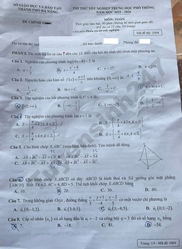 De thi thu tot nghiep THPT mon Toan 2026 - TP Da Nang