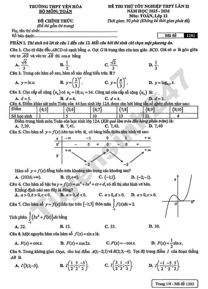 De thi thu mon Toan tot nghiep THPT 2026 lan 2 - THPT Yen Hoa