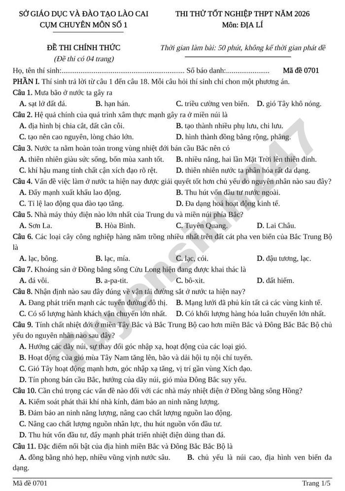 De thi thu tot nghiep THPT mon Dia 2026 - Cum chuyen mon so 1 Lao Cai