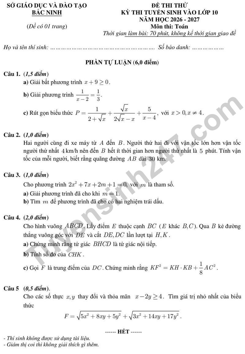 De thi thu lop 10 mon Toan nam 2026 – 2027 -  So GD&DT Bac Ninh (Co dap an)
