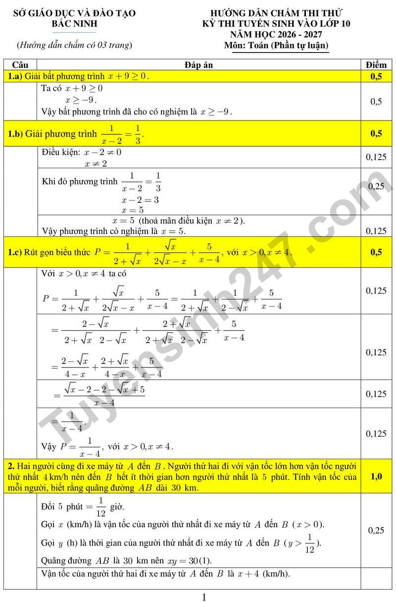 De thi thu lop 10 mon Toan nam 2026 – 2027 -  So GD&DT Bac Ninh (Co dap an)