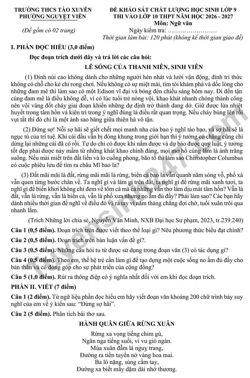 De thi thu Van vao 10 nam 2026 truong THCS Tao Xuyen (Co dap an)