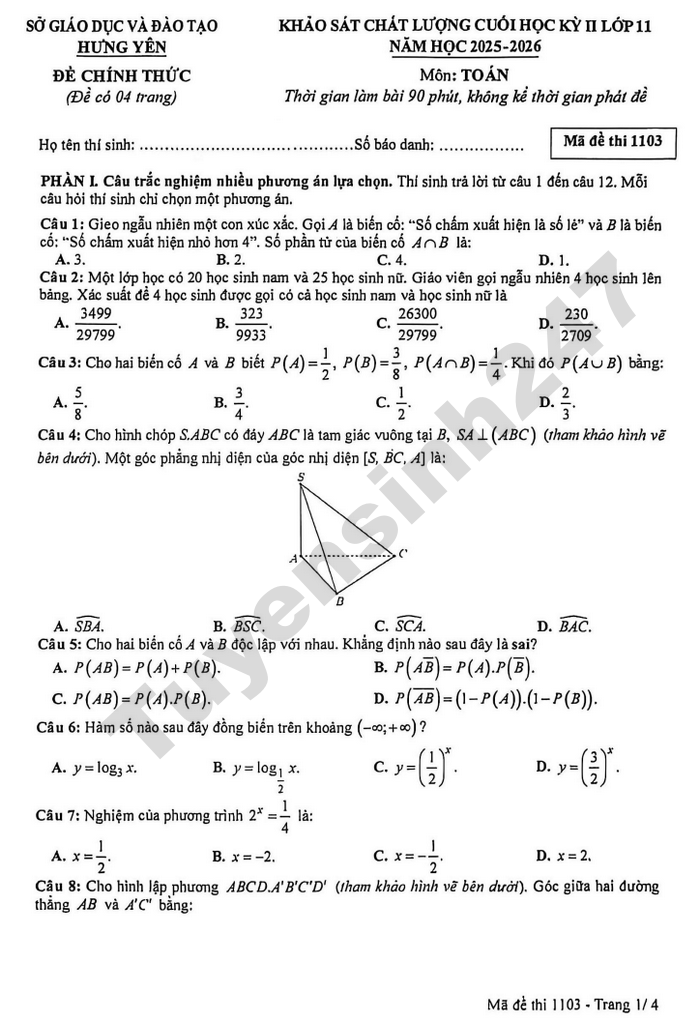 De thi cuoi ki 2 lop 11 mon Toan 2026 - So GD Hung Yen