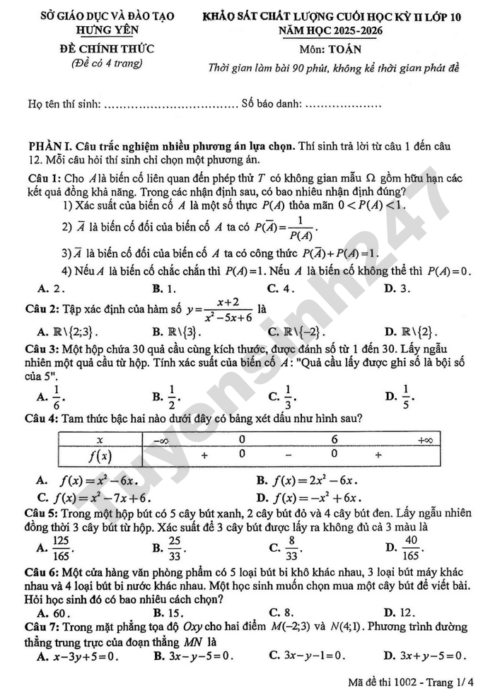 De thi hoc ki 2 lop 10 mon Toan 2026 - So GD Hung Yen