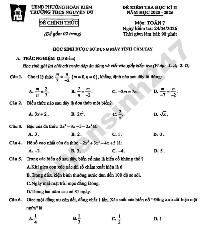 De thi hoc ki 2 mon Toan 7 THCS Nguyen Du 2026