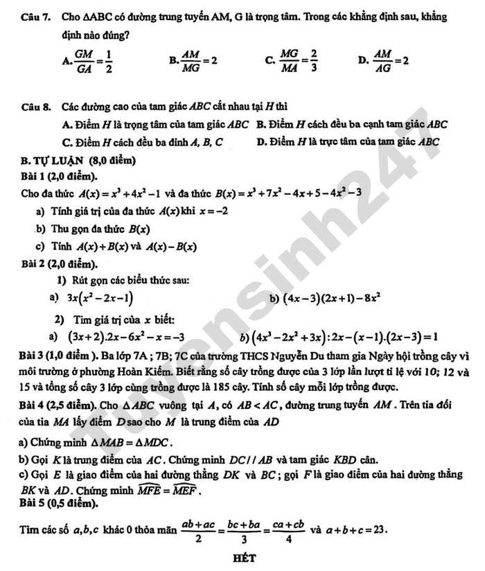 De thi hoc ki 2 mon Toan 7 THCS Nguyen Du 2026