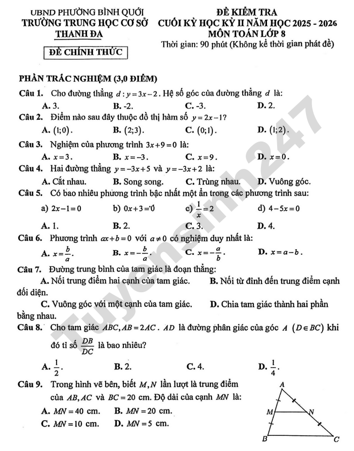 De thi hoc ki 2 lop 8 mon Toan 2026 - THCS Thanh Da