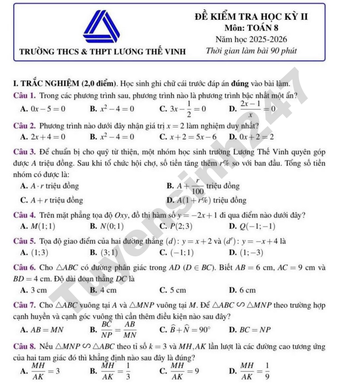 De thi hoc ki 2 nam 2026 lop 8 mon Toan - THCS&THPT Luong The Vinh