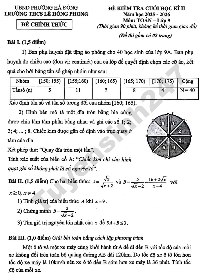 De thi cuoi ki 2 mon Toan 9 THCS Le Hong Phong 2026